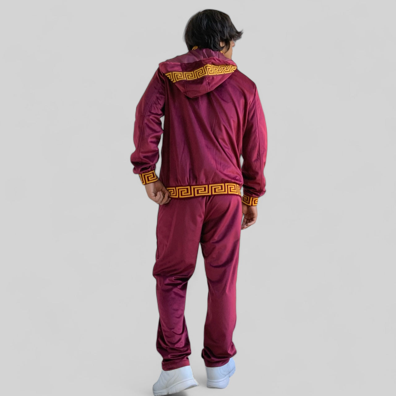 Men’s Manzini Burgundy | Gold Velvet Hooded Causal Tracksuits Outfits Sets NWT