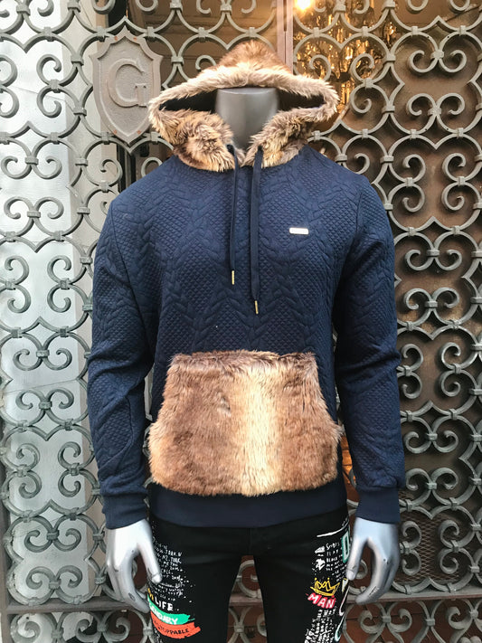 Men’s Makobi Navy | Brown Faux Fur Quilted Pullover Hoodie NWT