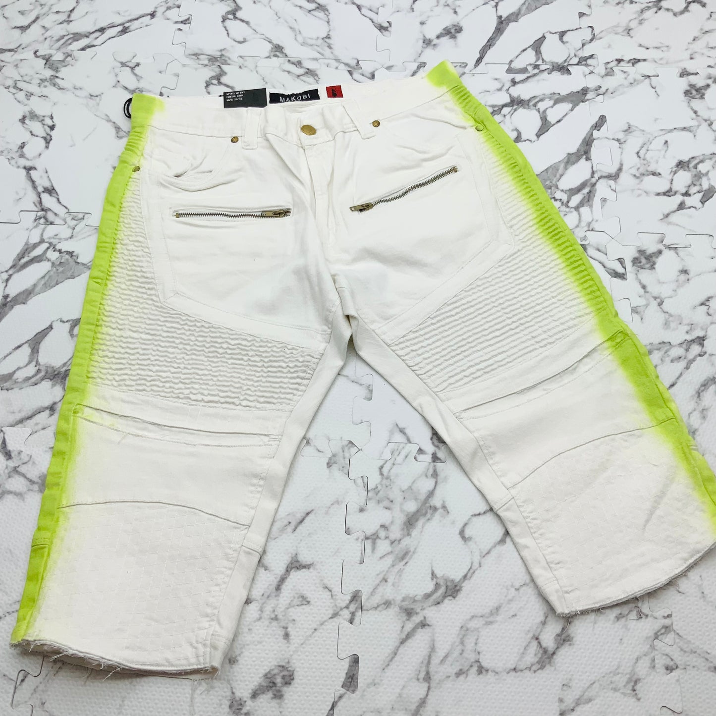 Men's Makobi White | Lime Green Denim Shorts NWT