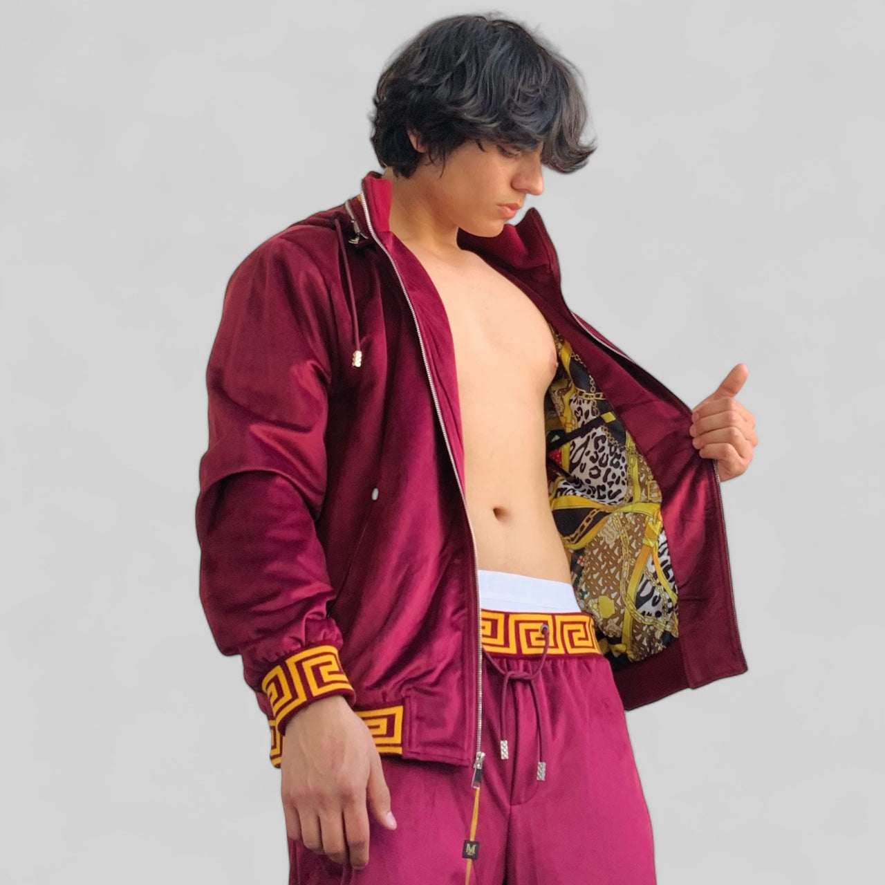 Men’s Manzini Burgundy | Gold Velvet Hooded Causal Tracksuits Outfits Sets NWT