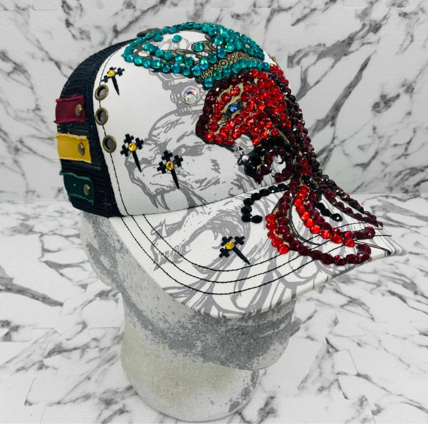 Rebel Spirit Lion King White | Black | Aqua | Red Rhinestone Trucker Hat NWT