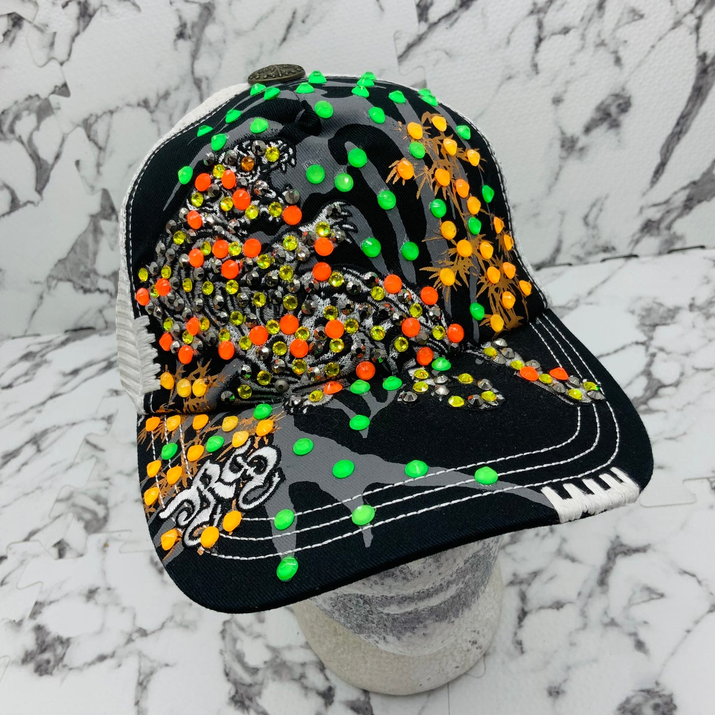 Rebel Spirit Lion King Black | White | Lime Green | Orange Rhinestone Trucker Hat NWT