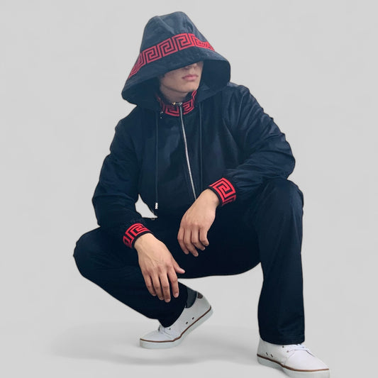 Men's Manzini Black | Red Velvet Hooded Casual Tracksuit Outfits Sets NWT