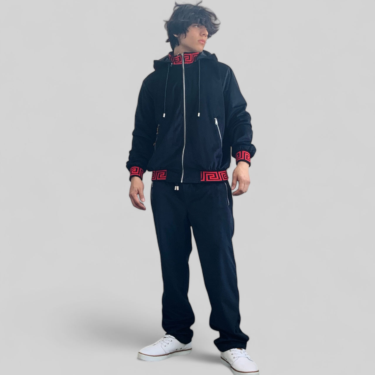 Men's Manzini Black | Red Velvet Hooded Casual Tracksuit Outfits Sets NWT