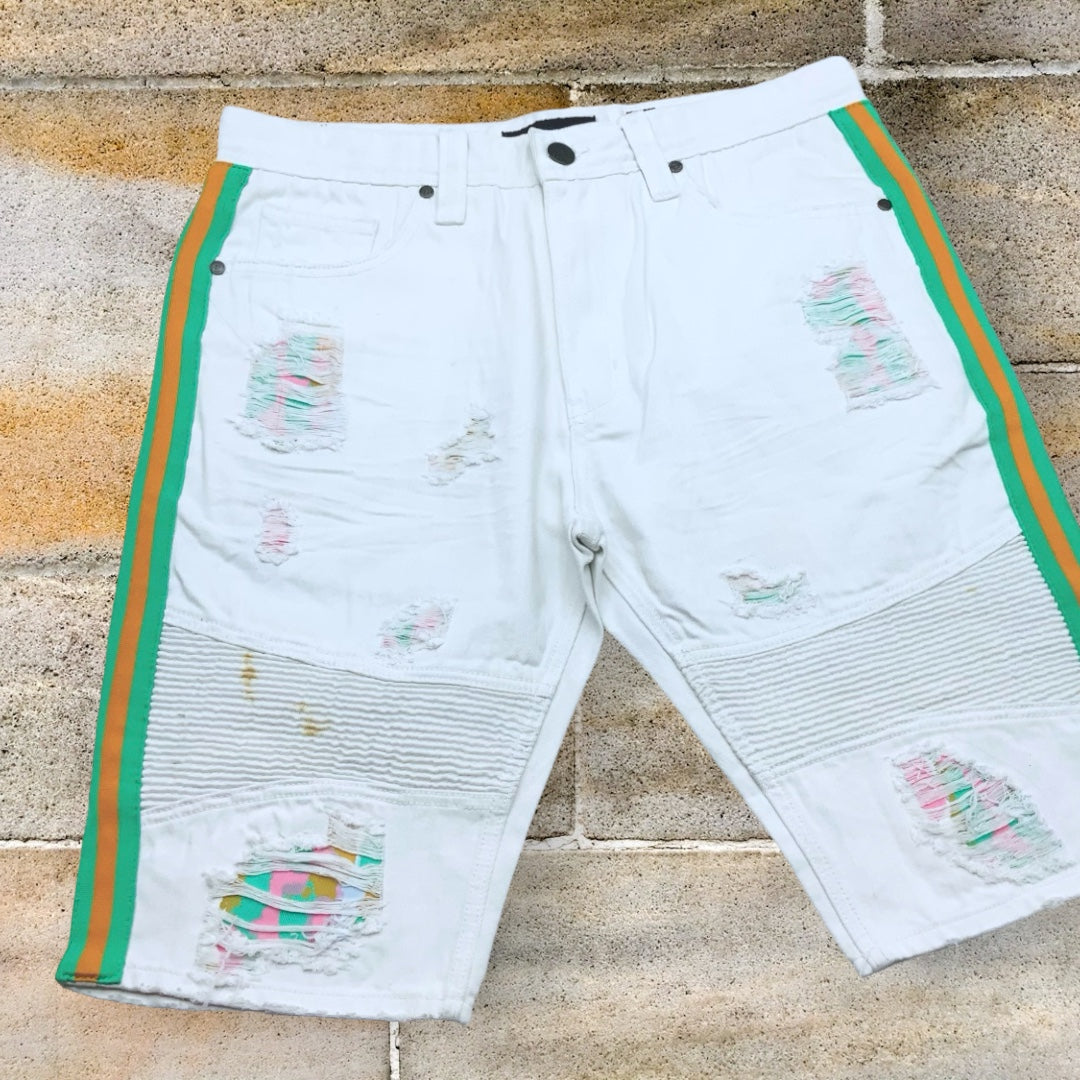 Men's Makobi White | Green | Orange Hand-Painted Denim Shorts NWT