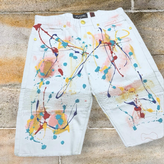 Men's Makobi White | Multicolor Hand-Painted Denim Shorts NWT