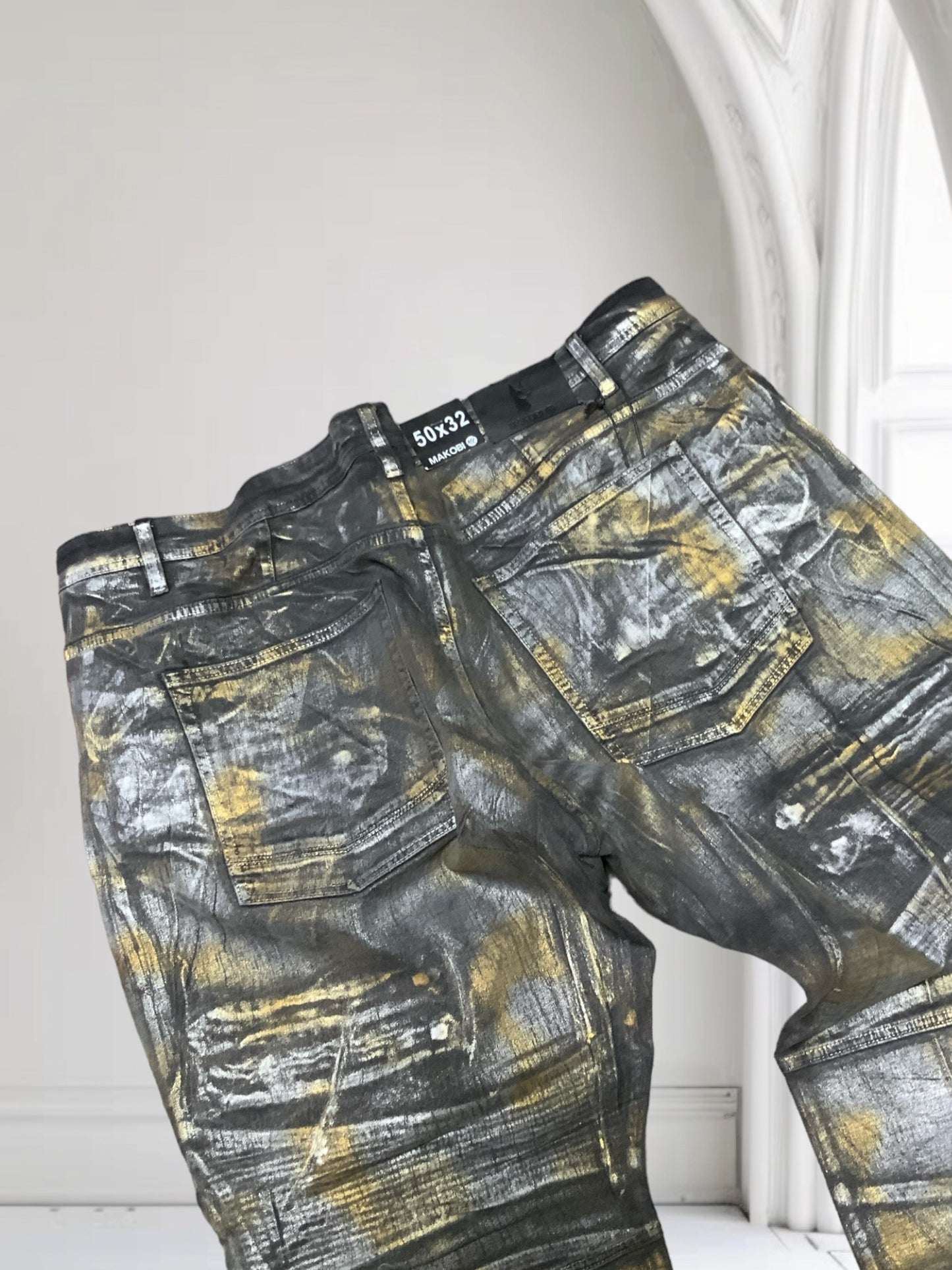 Men's Makobi Big & Tall Silver | Gold Foil Denim Pants NWT