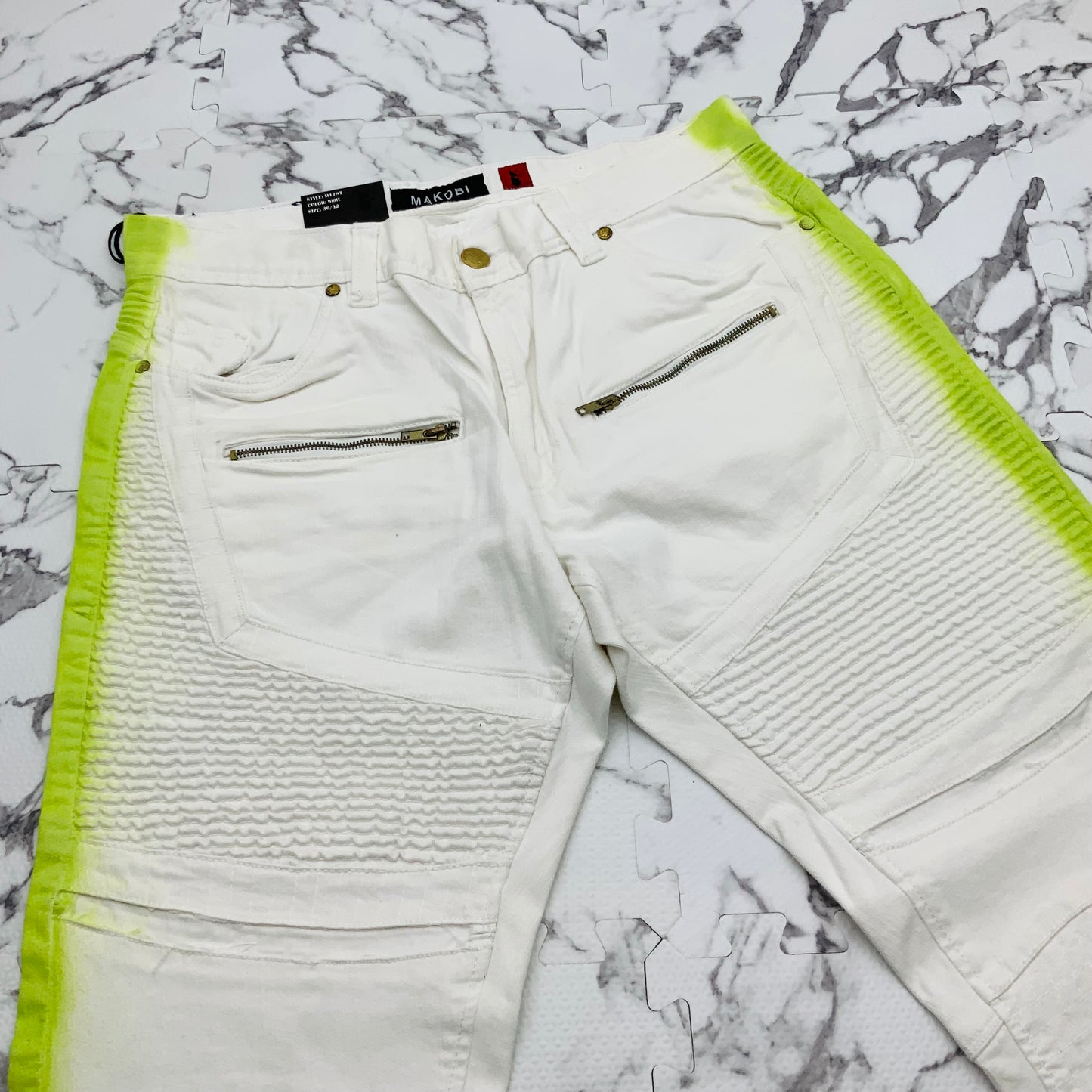 Men's Makobi White | Lime Green Denim Shorts NWT