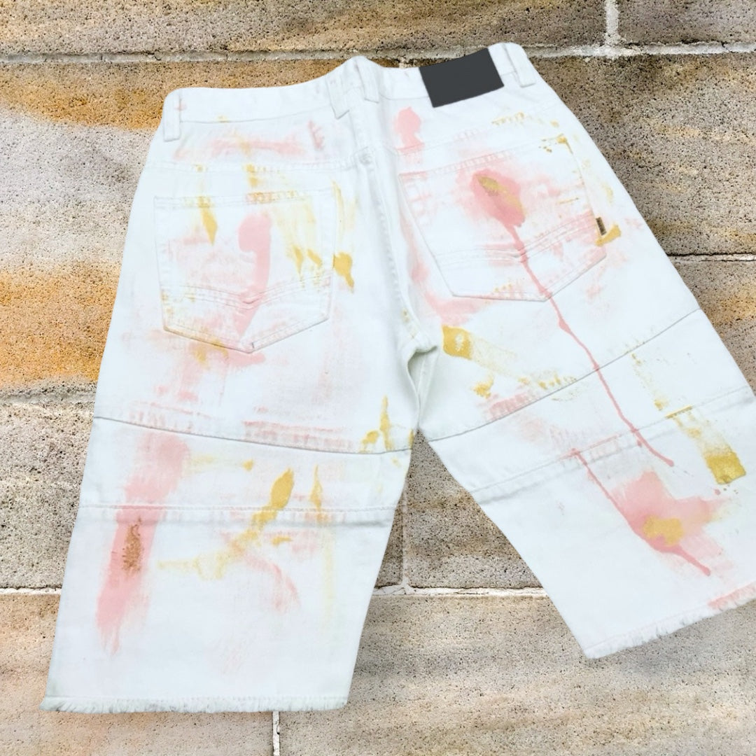 Men's Makobi White | Multicolor Hand-Painted Denim Shorts NWT