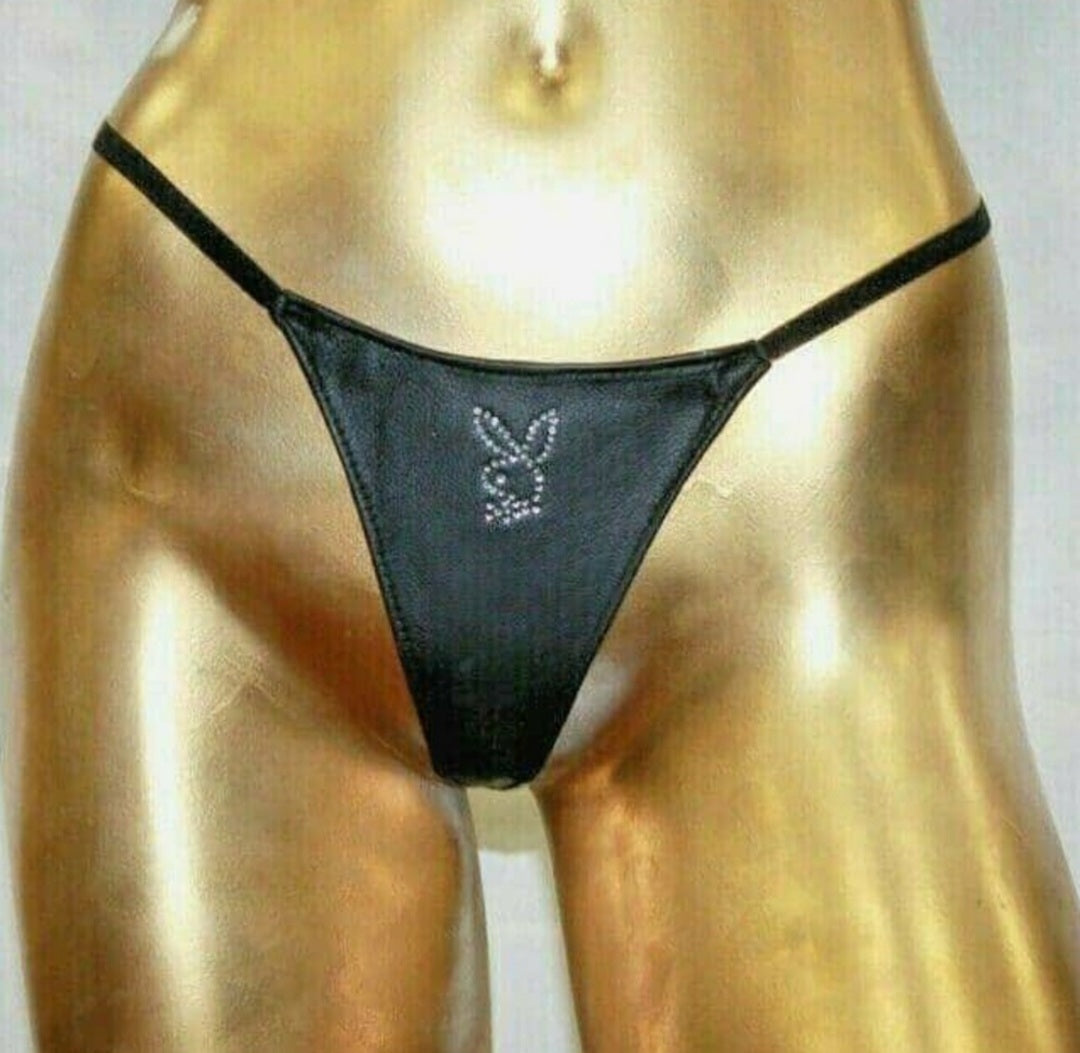 Women's PlayBoy Black | Clear Rhinestones Leather G - String Panties NWT