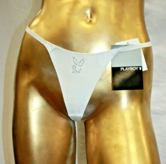 Women's Playboy White | Clear Rhinestones Leather G-String Panties NWT