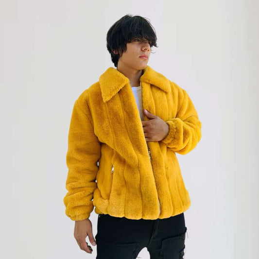 Men's Fashion Mustard Faux Fur Fuzzy Coat NWT