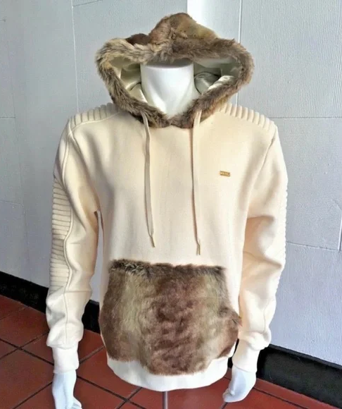 Men’s Makobi Ivory | Brown Faux Fur KING SIZE Pullover Hoodie NWT