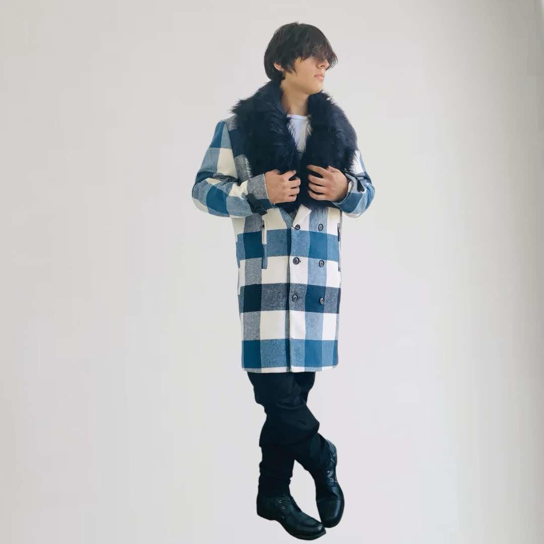 Men's Manzini Blue | White Plaid Faux Fur Overcoat NWT