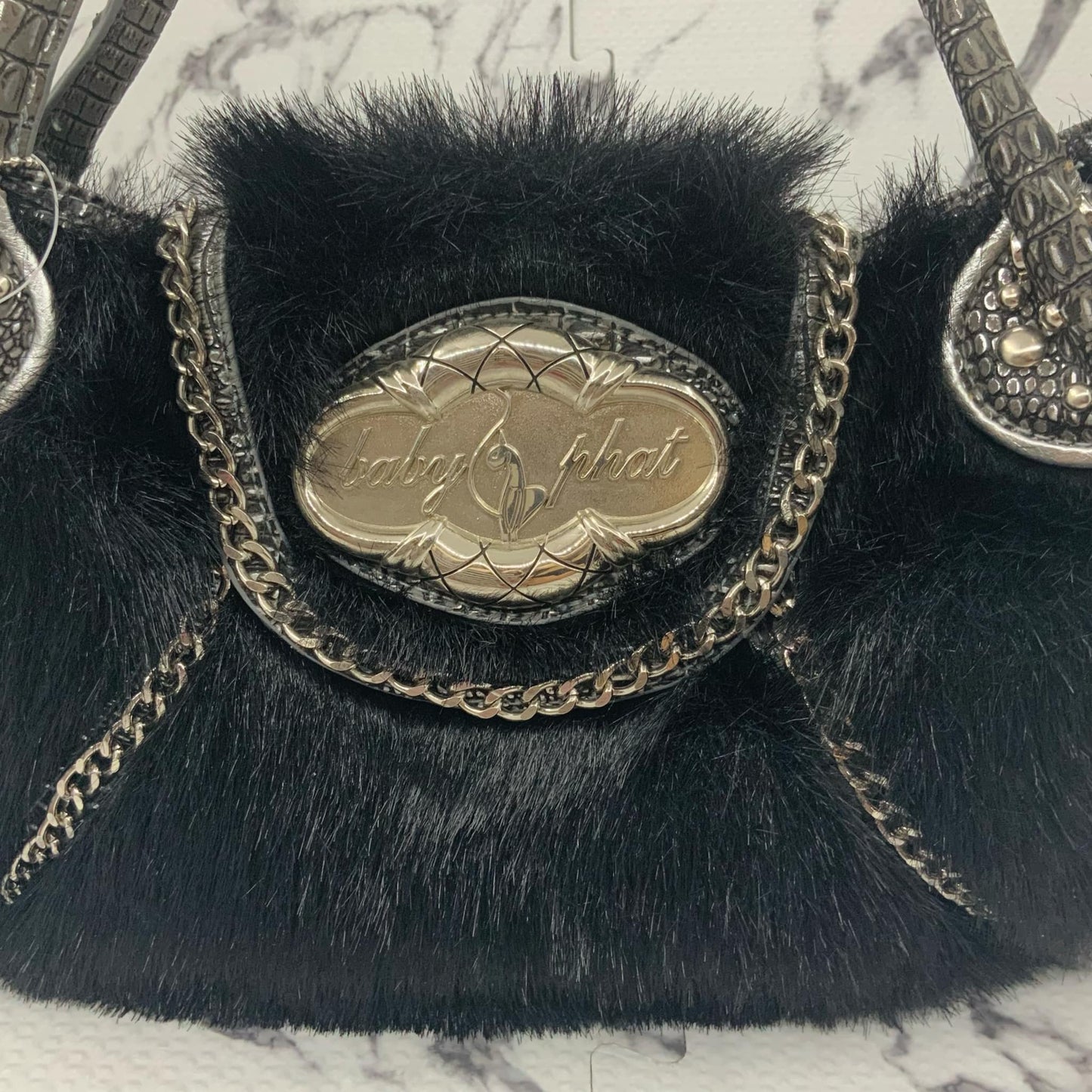 Women’s Baby Phat Black | Silver Faux Fur Handbag NWT