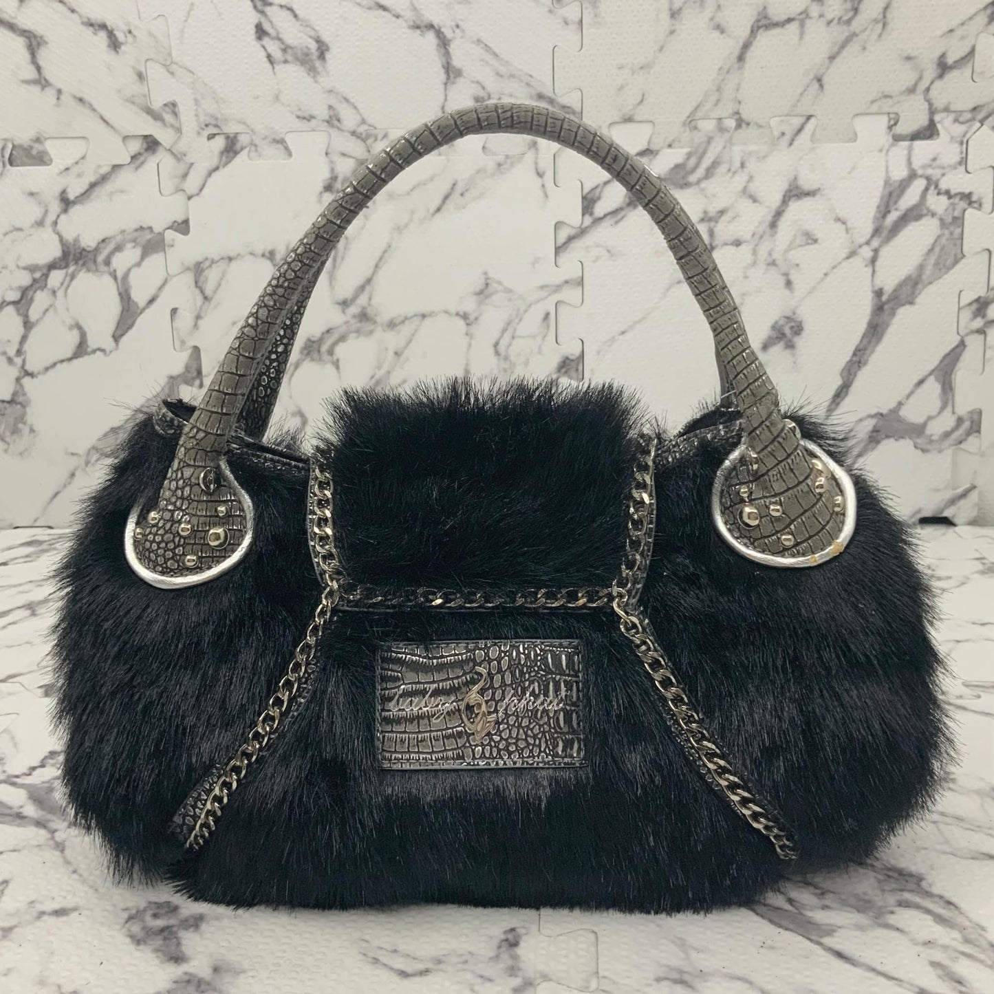 Women’s Baby Phat Black | Silver Faux Fur Handbag NWT