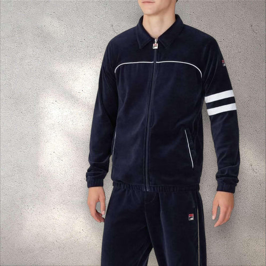 Men’s Fila Navy | White Pipping Velour Casual Outfit Set Tracksuits NWT