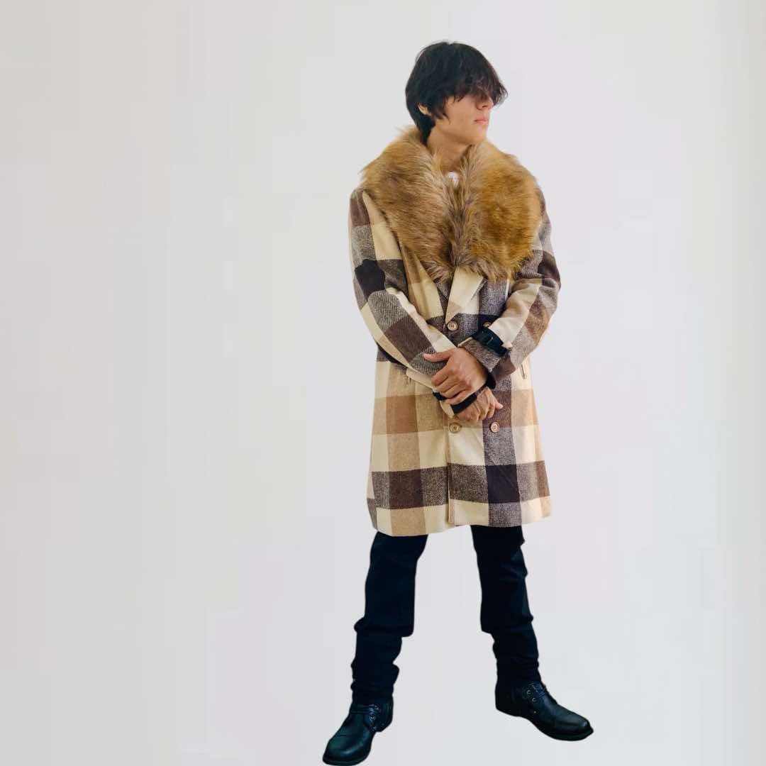 Men's Manzini Brown | Tan Plaid Faux Fur Overcoat NWT