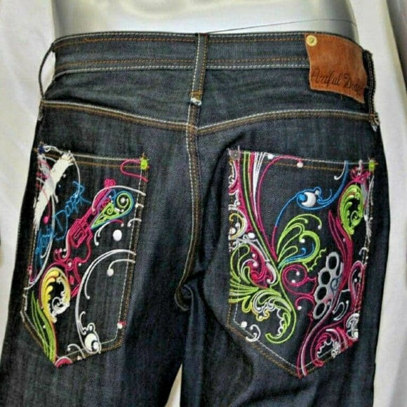 Men's Artful Dodger Raw Blue Embroidered Denim Pants NWT