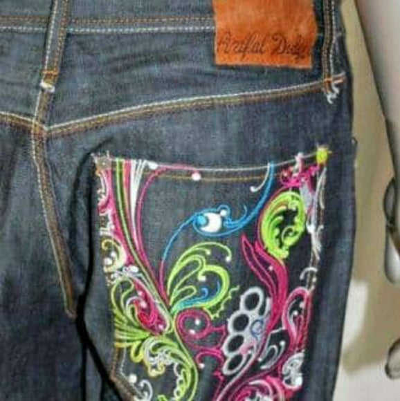 Men's Artful Dodger Raw Blue Embroidered Denim Pants NWT