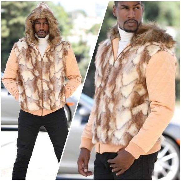 Men's Manzini Copper | Ivory Faux Fur Hoody Jacket NWT