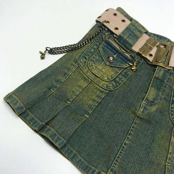 Women’s Playboy Green Vintage Denim Mini Skirt NWT