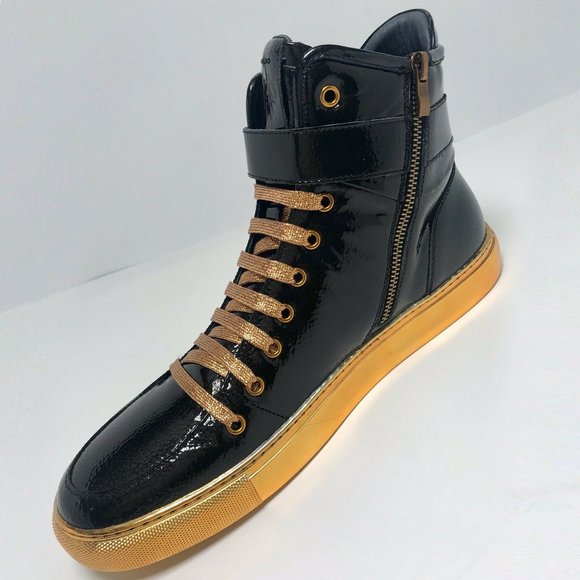 Men’s J75 By Jump 24K Black | Gold Patent High Top Sneakers NWT