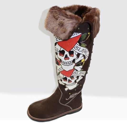 Women's Ed Hardy Love Kills Slowly Brown w/ Fur 14" Boots