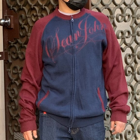 Men's Sean John Navy | Burgundy Full Zip Sweater NWT