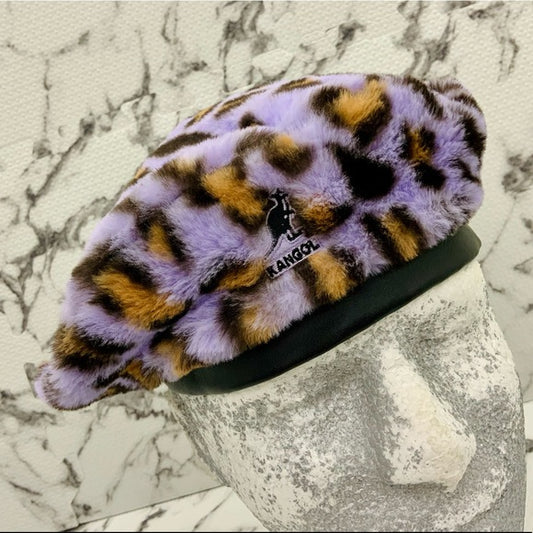 Men's Kangol Leopard Print Faux Fur Lavender | Brown | Black Beret Casual Hat NWT