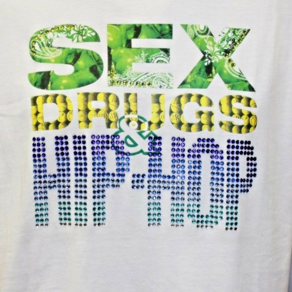 Men's Parish White "Sex Drugs & Hip Hop" Short Sleeve Tee Shirt NWT