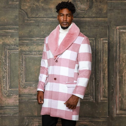 Men's Manzini White | Lt Pink Plaid Faux Fur Overcoat NWT