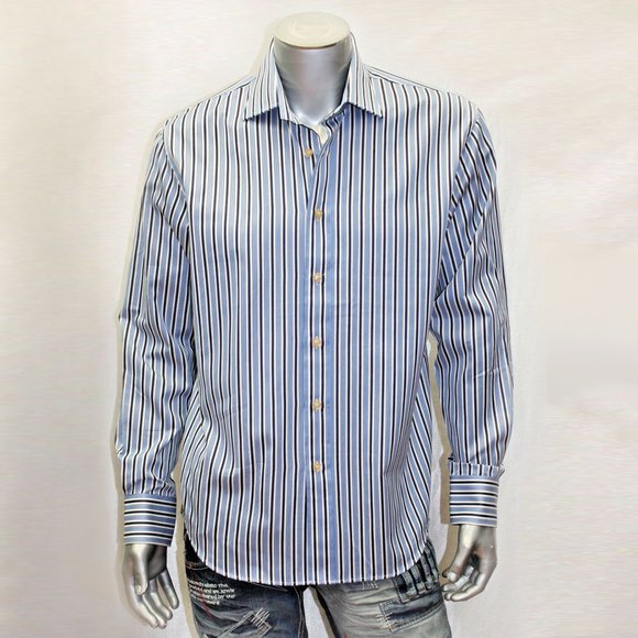 Men's Rufus Pinstripe Navy | Lt.Blue | White Button Down Long Sleeve Shirt NWT