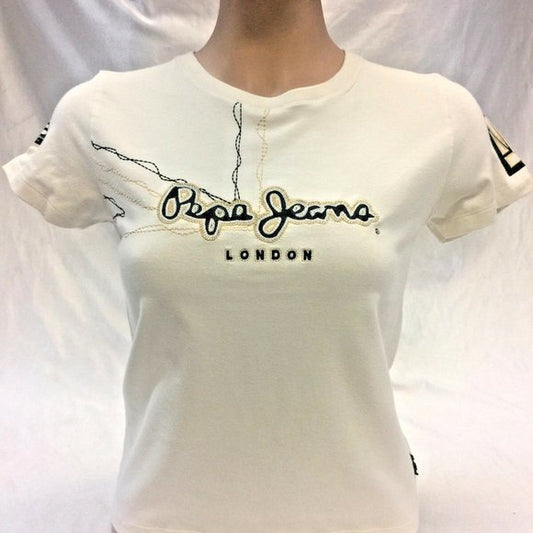 Women's Fashion Pepe Jeans Ivory | Green Tee Shirt NWT