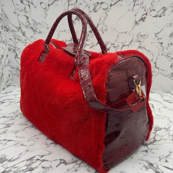 Men's Fashion Red | Burgundy Faux Fur Large Duffle Bag NWT