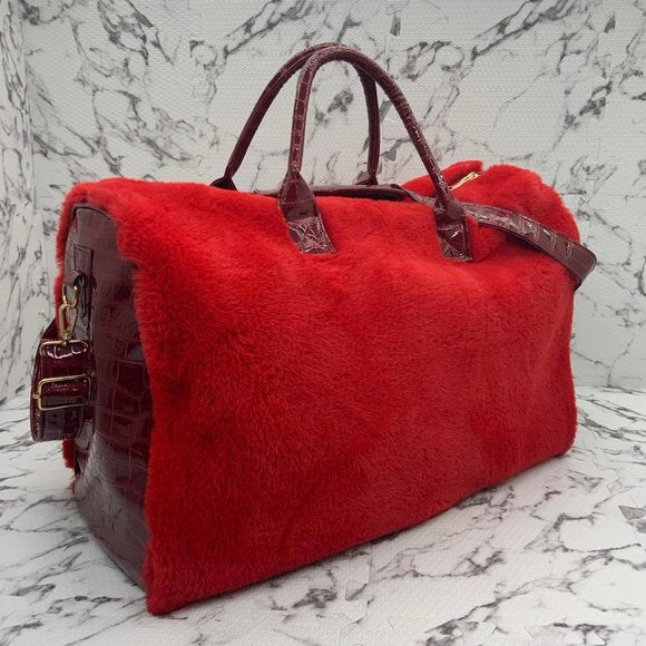 Men's Fashion Red | Burgundy Faux Fur Large Duffle Bag NWT