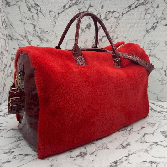 Men's Fashion Red | Burgundy Faux Fur Large Duffle Bag NWT