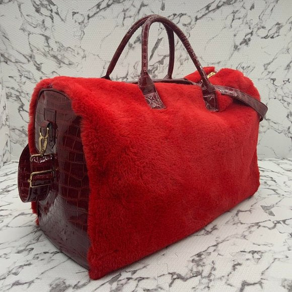 Men's Fashion Red | Burgundy Faux Fur Large Duffle Bag NWT