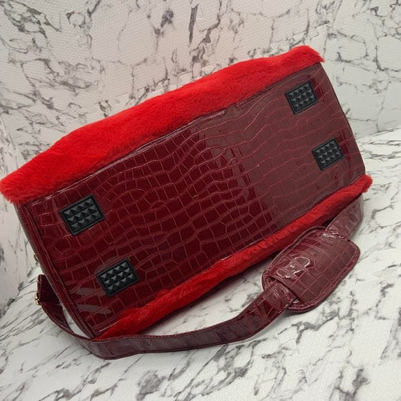 Men's Fashion Red | Burgundy Faux Fur Large Duffle Bag NWT