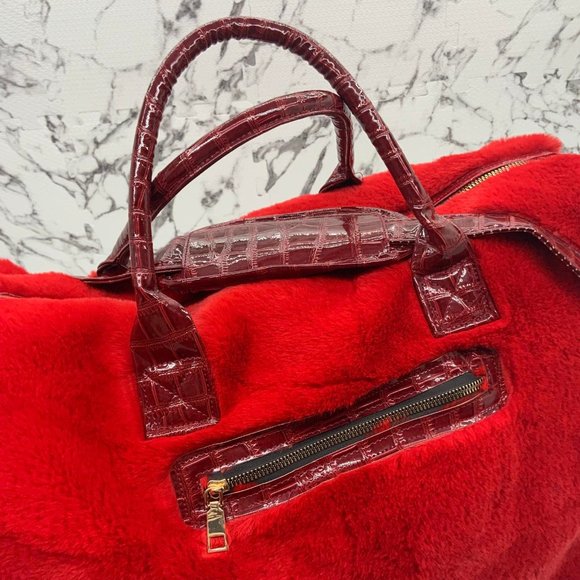 Men's Fashion Red | Burgundy Faux Fur Large Duffle Bag NWT