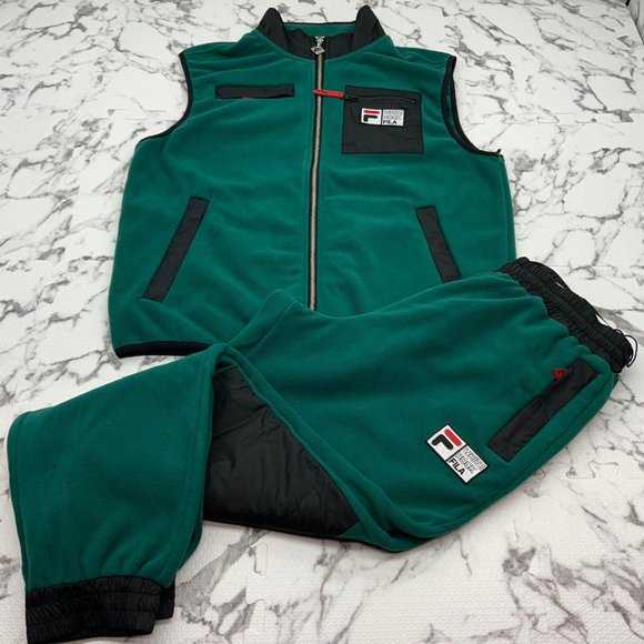 Men's Fila Green | Black Full Zip Fleece Vest Casual Tracksuits Outfits Sets NWT