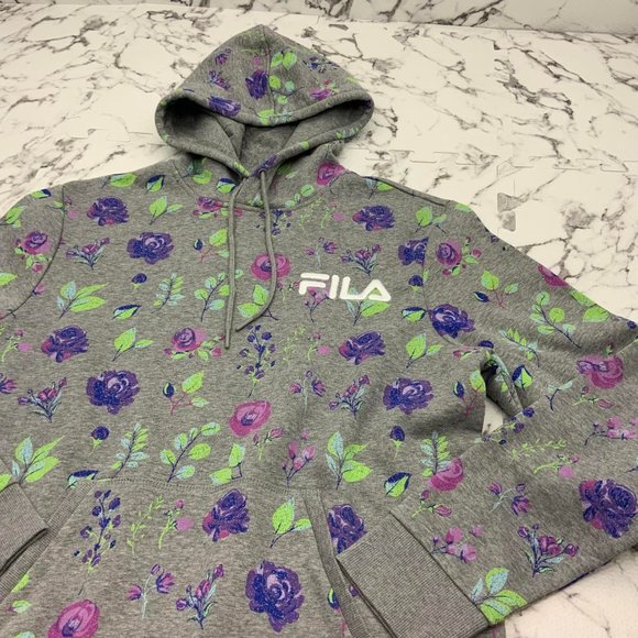 Men's Fila Heather Grey Allover Print Pullover Fleece Hoodie NWT