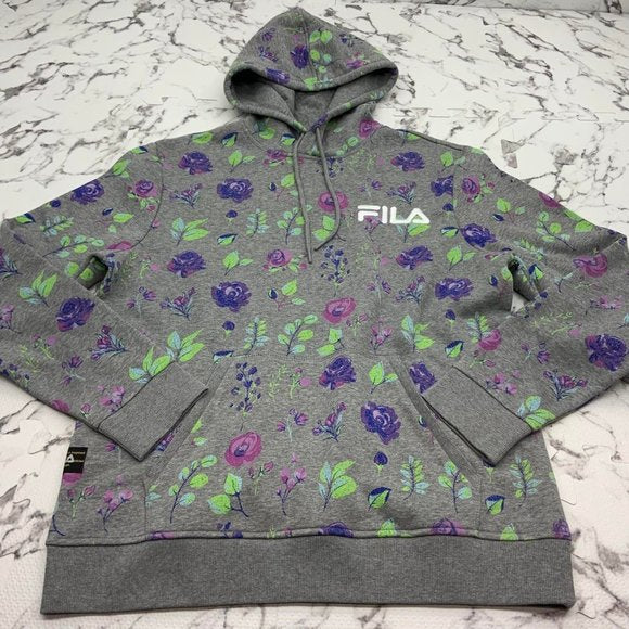 Men's Fila Heather Grey Allover Print Pullover Fleece Hoodie NWT