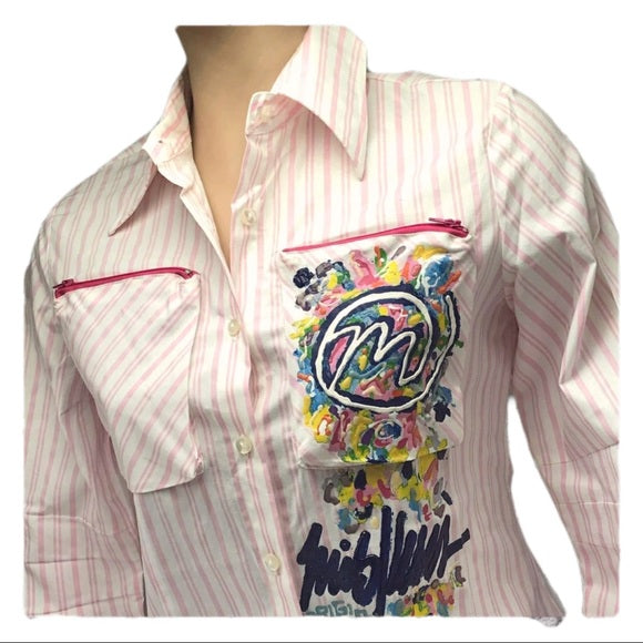 Women’s Miskeen Pink | White Striped Button Down Shirts NWT