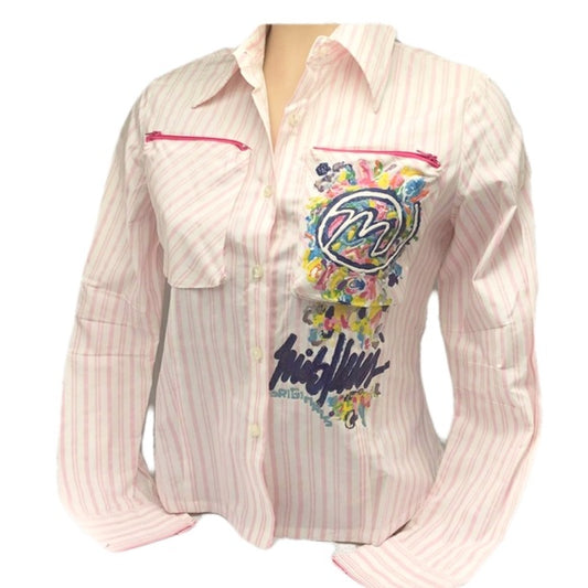 Women’s Miskeen Pink | White Striped Button Down Shirts NWT