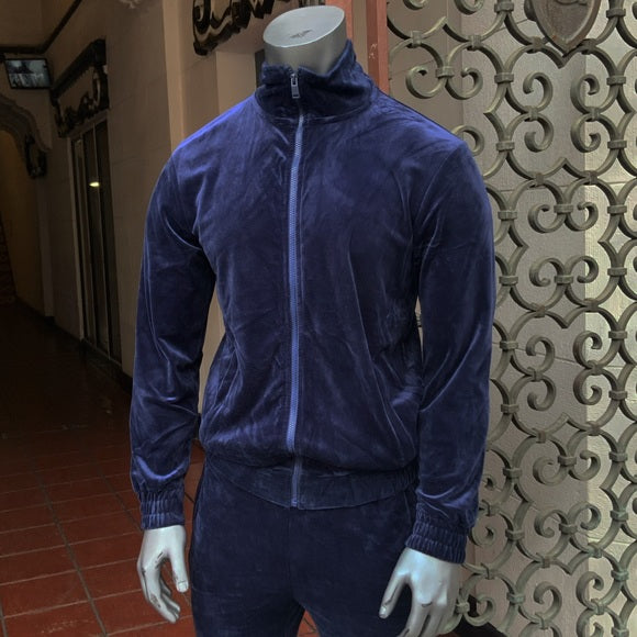 Men's Solid Navy Velour Full Zip Fitted Outfit Set Tracksuit NWT