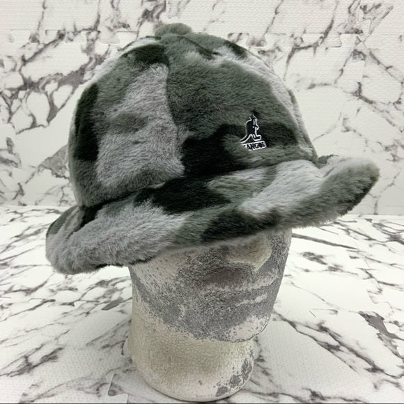 Men's Kangol Grey Camo Faux Fur Fuzzy Casual Bucket Hat NWT