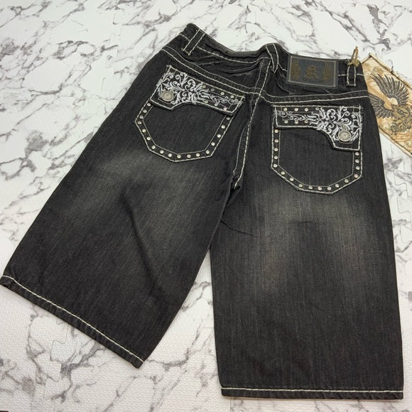 Men's Kanji Black | White Rhinestones Denim Shorts NWT