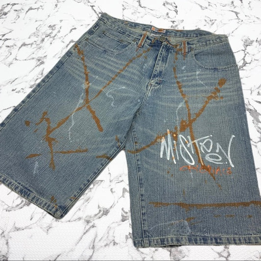 Men's Miskeen Mid Blue | White | Orange Hand Painted Casual Denim Shorts NWT