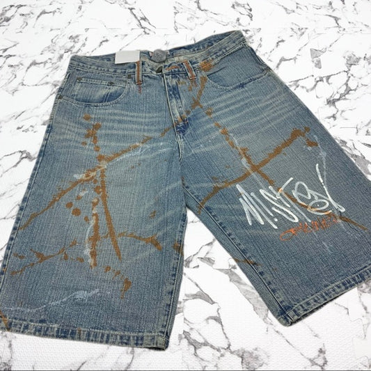 Men's Miskeen Mid Blue | White | Orange Hand Painted Casual Denim Shorts NWT